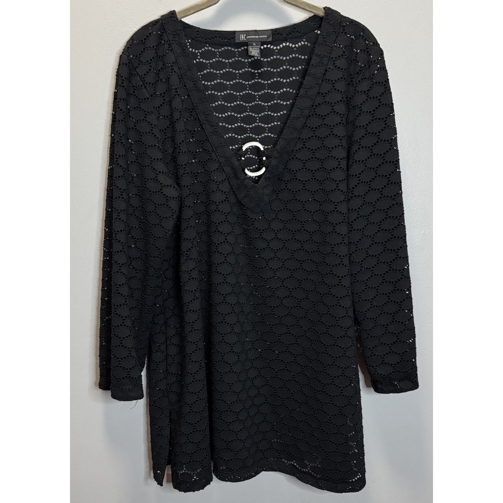 INC Top Women's Open Crochet O Ring Size XL Black Tunic/Cover up
